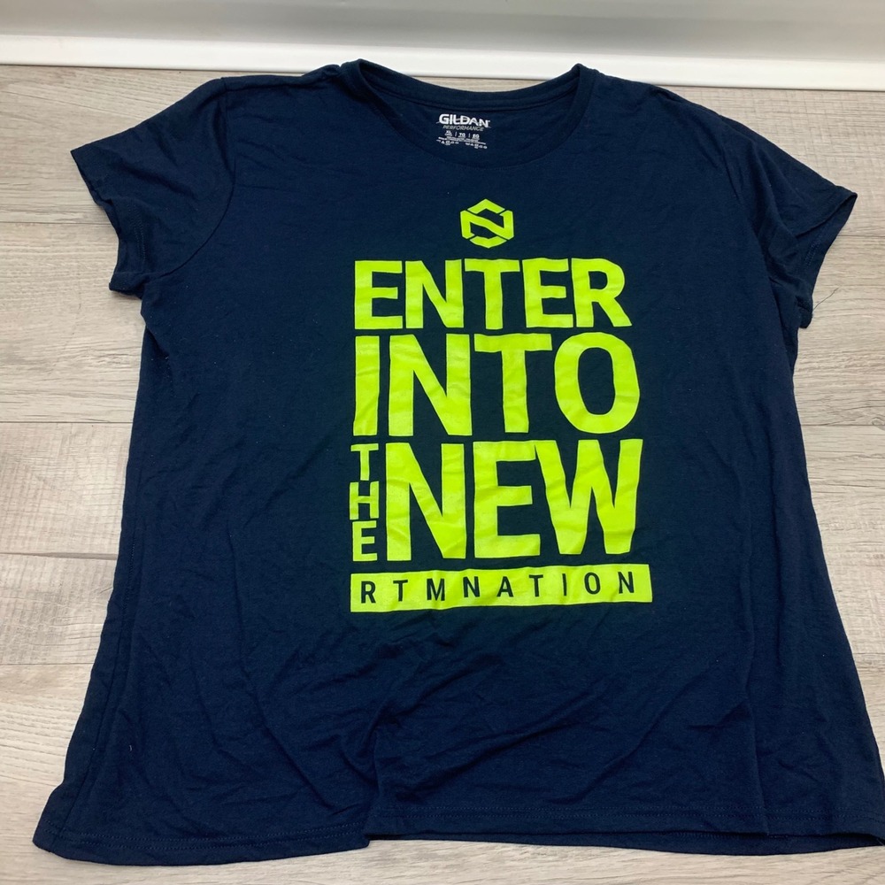 Gildan Performance Navy Blue Neon Yellow Graphic Tee XL Enter Into The New Shirt